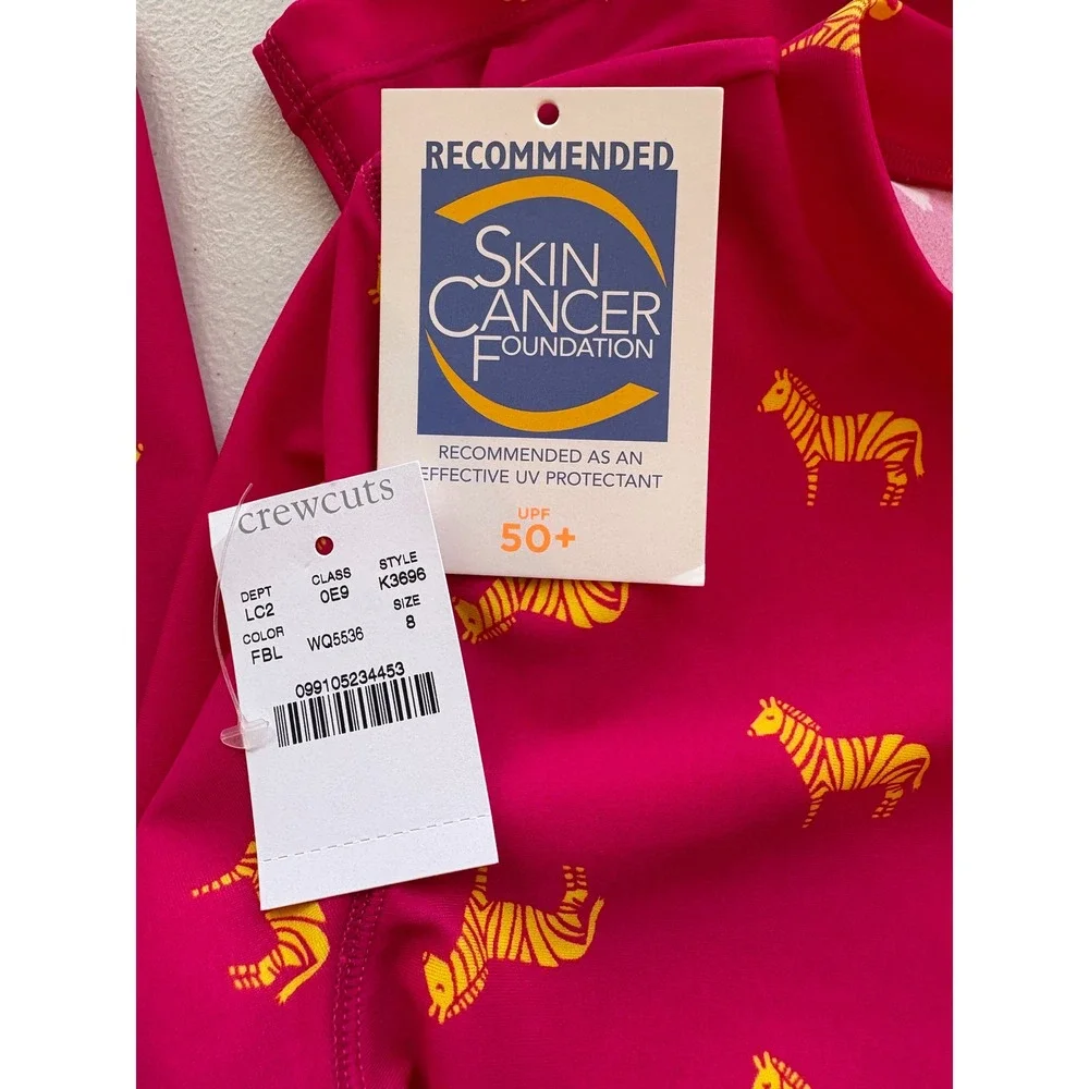 Crewcuts Girls Pink‎ Yellow Zebra Rash Guard Swimsuit Set UPF 50+ K3696 Size 8